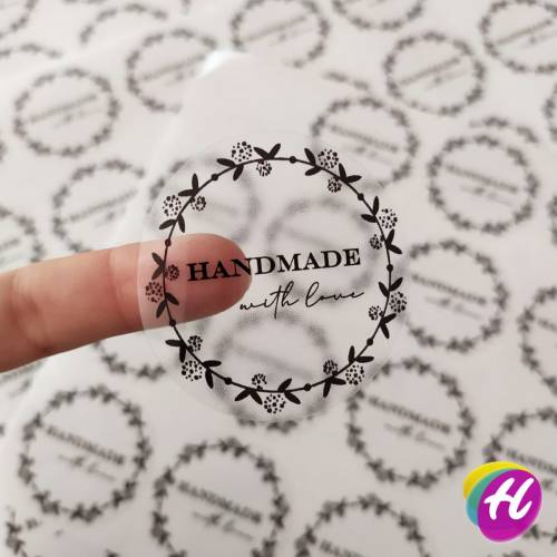 Bir Adet 5 Cm Yapışkanlı Şeffaf Çiçekli Handmade With Love Etiket - 0